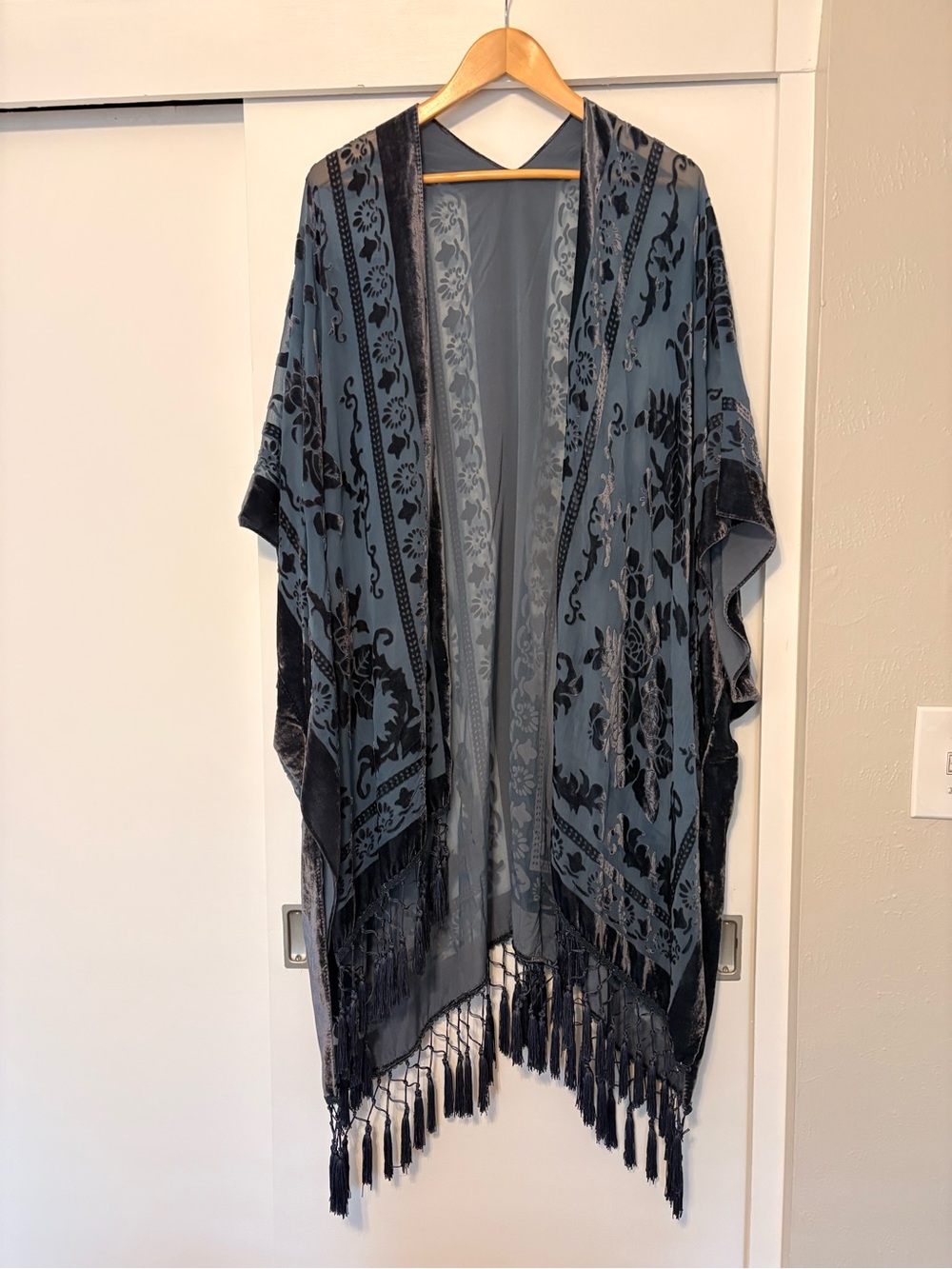 Three Bird Nest Blue and Black Velvet Burnout Kimono with Fringe Trim